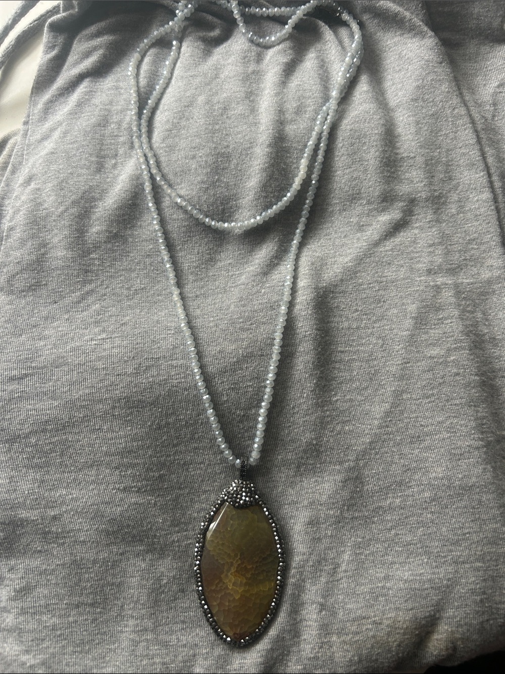 Beaded Gray Necklace with Brown Agate Pendant